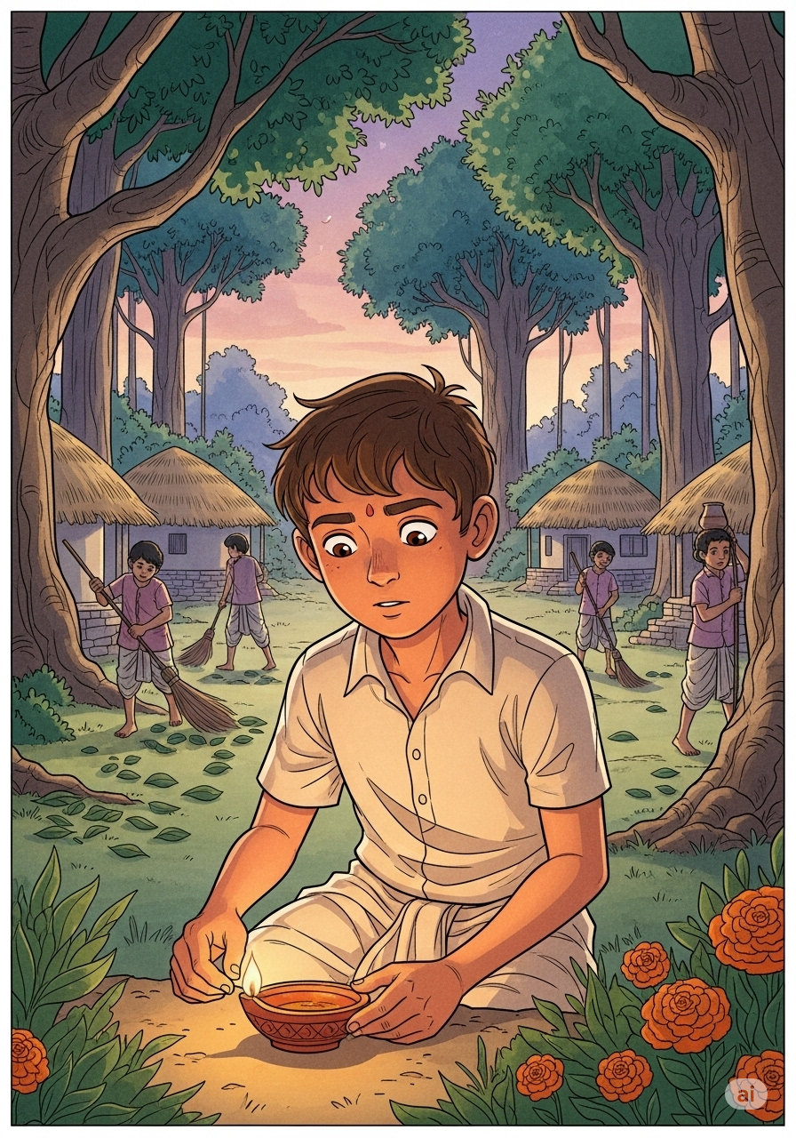 Aruni sitting peacefully in the forest school surrounded by other students