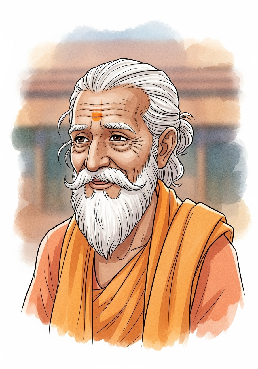Close-up portrait of wise Sage Dhaumya with his white beard and orange robes